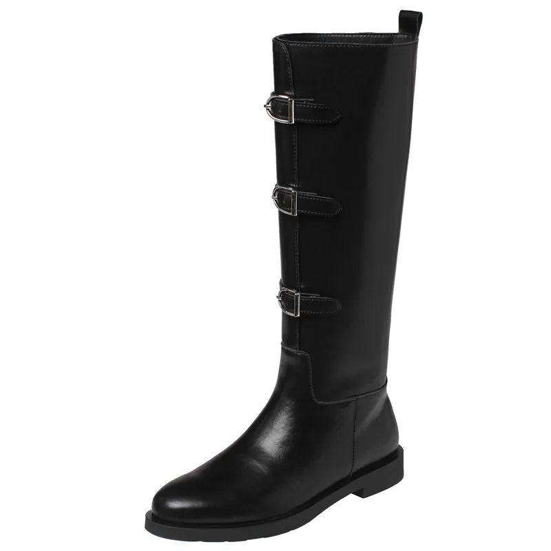 Sexy moda encantadora feminina joelho botas altas com dedo do pé redondo fivela de cinto de fundo plano botas de cavaleiro de couro de cor sólida