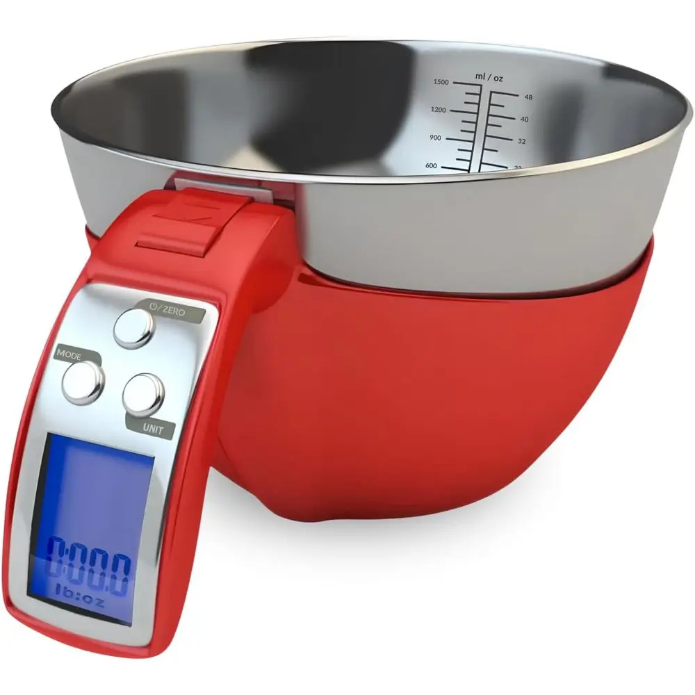 

Digital Kitchen Food Scale with Bowl - 11lb, Grams & Ounces - Removable, Dishwasher-Safe Mixing Bowl - Red