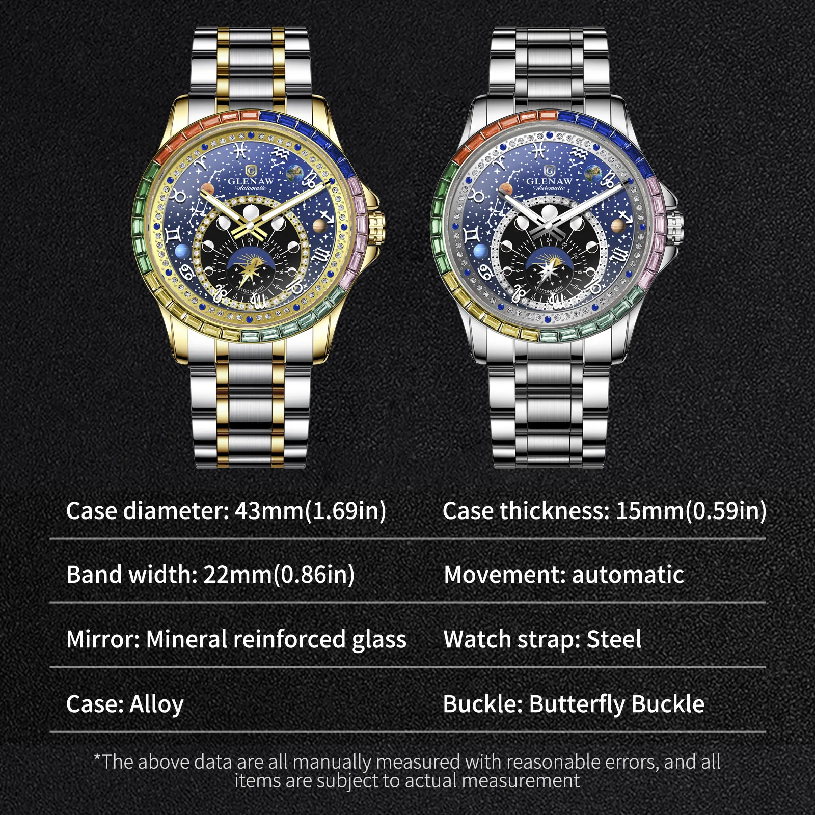 2026 GLENAW Design New Constellation Dial Mechanical Watch Men Rainbow Circle Men Watch Luminous Waterproof Automatic Watch HOT