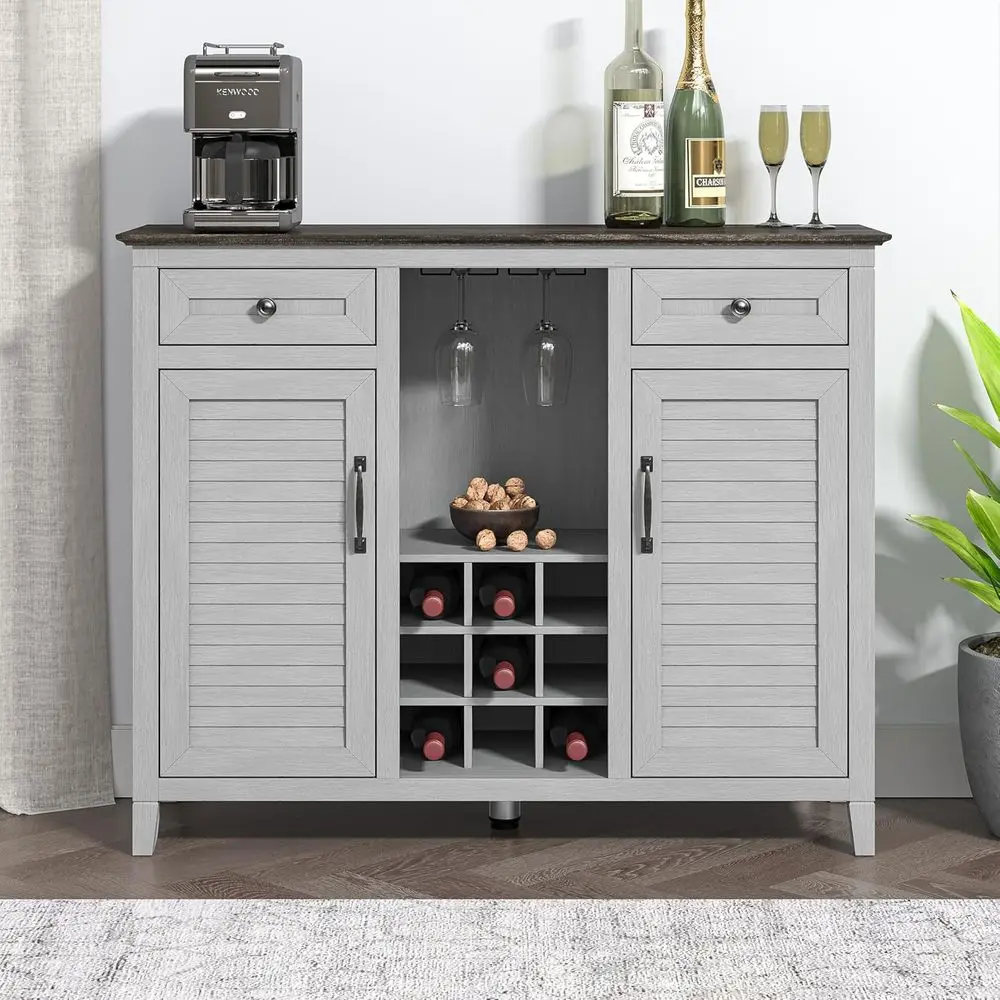 

47.5 Grey Wine Cabinet - 2 Doors, Open Glass, Rack, 4 Shelves, 2 Drawers for Kitchen or Dining
