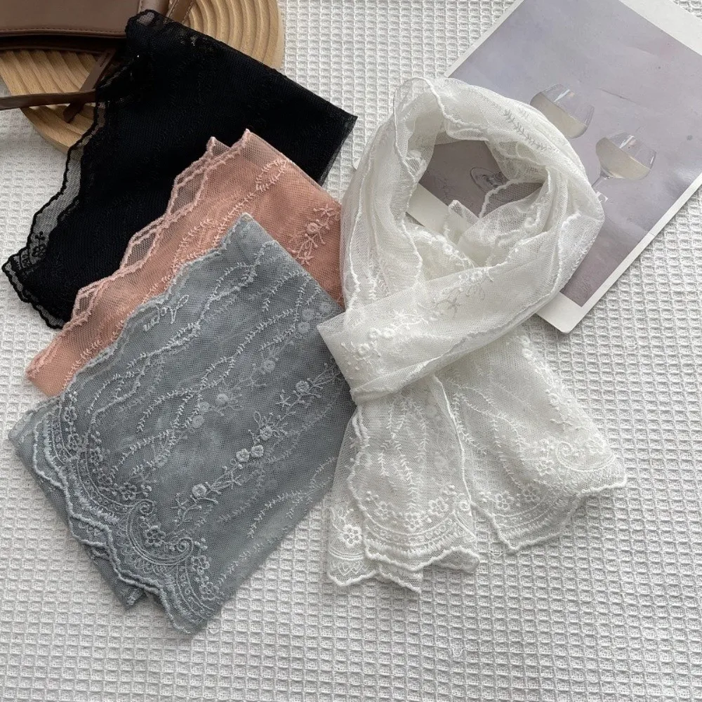 Versatile Long Women's Lace Scarf Solid Color Embroidered Flower Neck Protection Scarf Female Headscarf Casual Wear