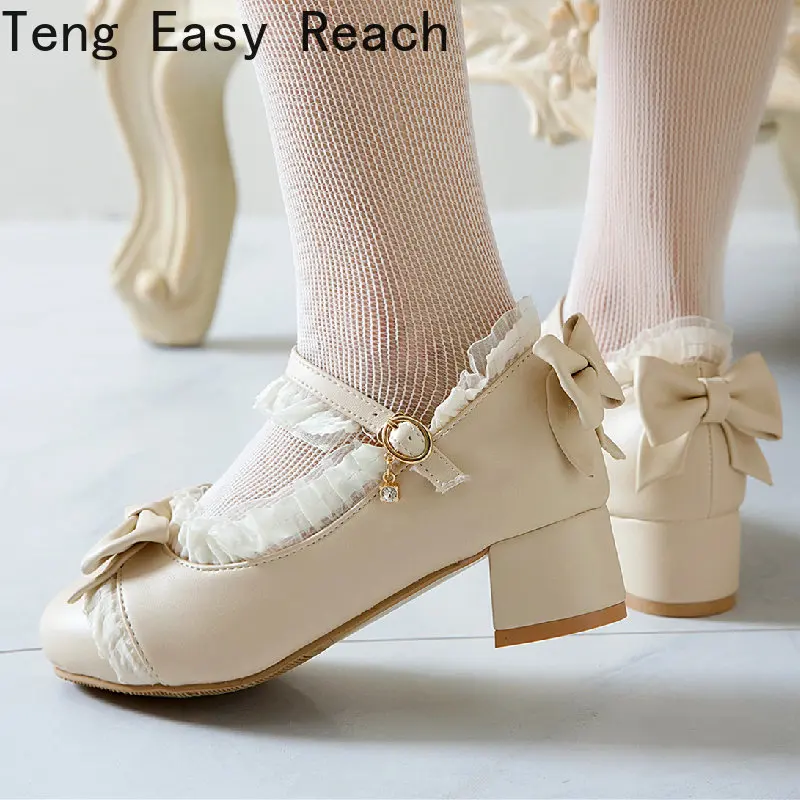 Spring 2023 Low Heels Lolita Shoes Woman Sweet Bow-tied White Pink Nude Heels OL Office Wedding Shoes Girls Large Size