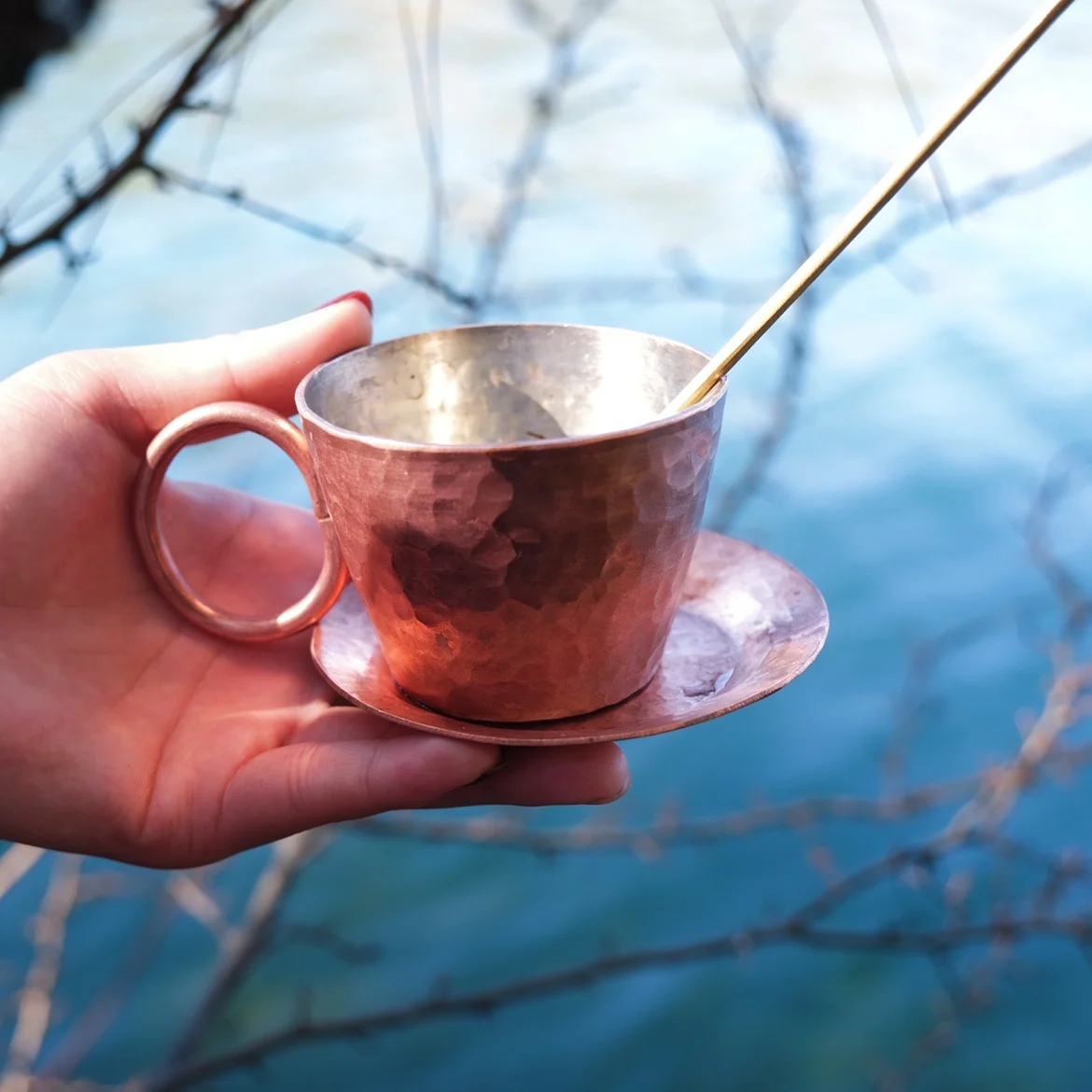 The product can be customized. Pure copper Coffee cup Japanese red copper hammer pattern hat handle tin plated