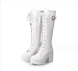 Women Black High Boots Square Toe Thick Sole Lace Up Multi-belt Buckle Fashion Vintage thick heeled high heeled boots Women boot