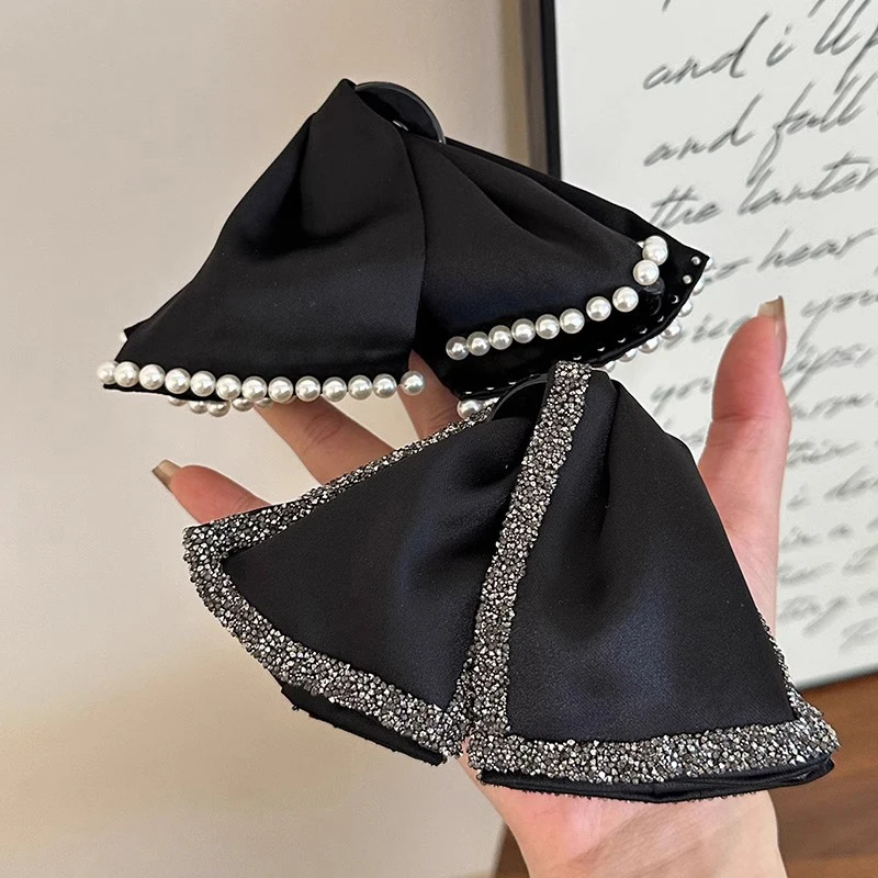 

Новая винтажная мягкая черная атласная заколка-краб для волос со стразами, большой бант, украшение для женских причесок