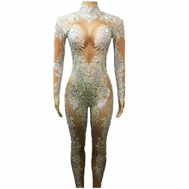 

Shiny Rhinestones Jumpsuit Women Singer Bar Concert Stage Performance Dance Costume Birthday Prom Evening Party Crystal Leotards