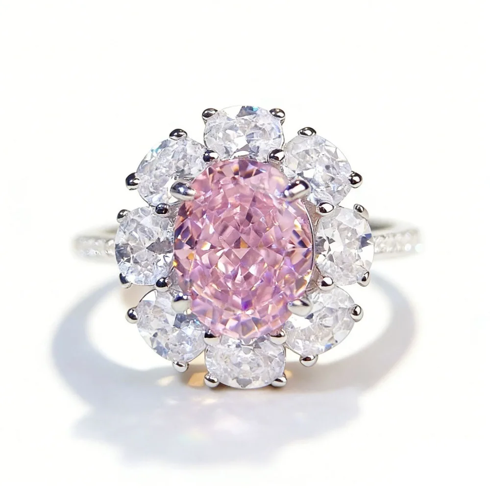 PT950 platinum plum blossom pink dove egg ring for women. Radiant Cut ice flower zircon ring