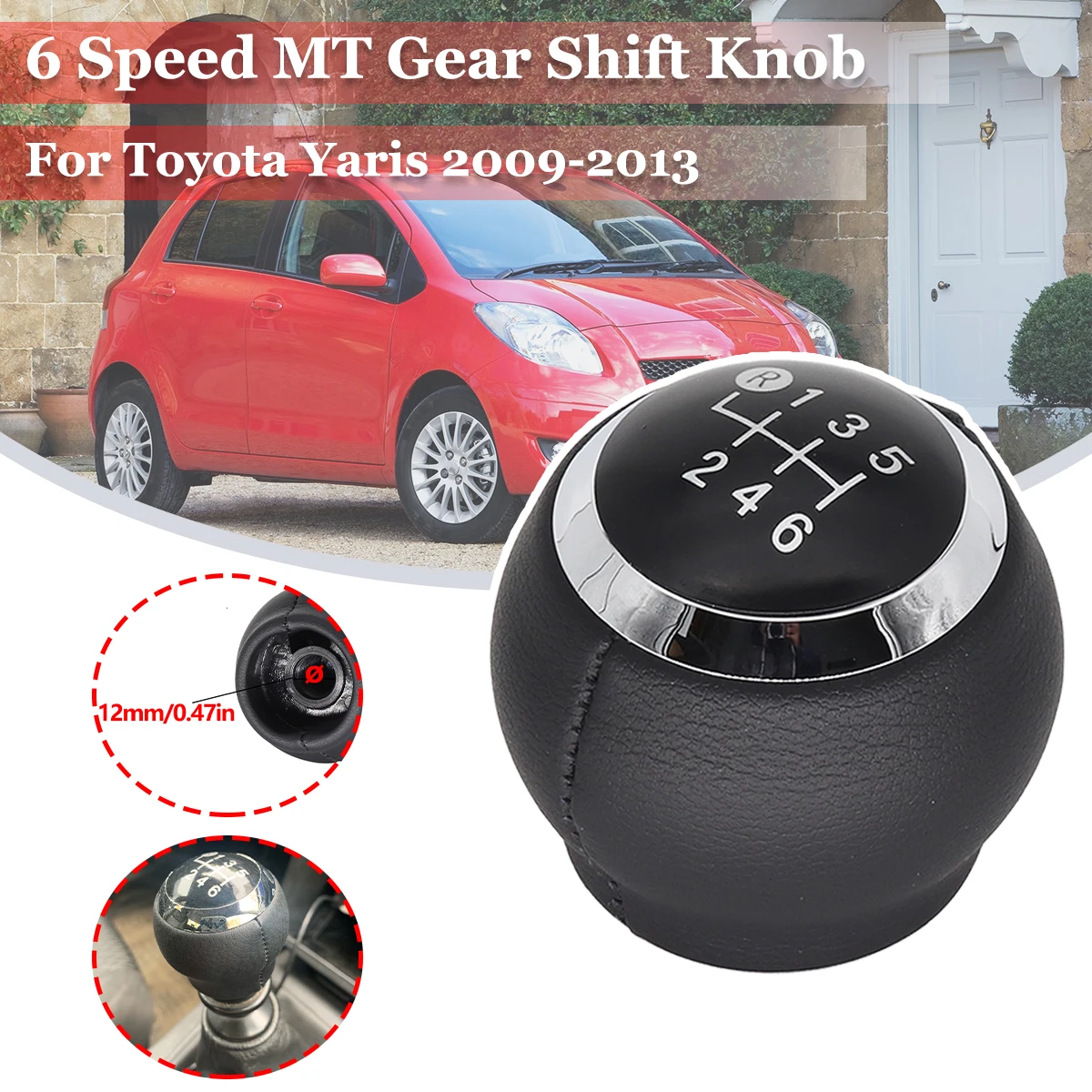 

6 Speed MT Gear Shift Knob GearStick Lever Pen Pu Leather Shifter Handball Chrome M12 Black For Toyota Yaris 2009-2013 Avensis