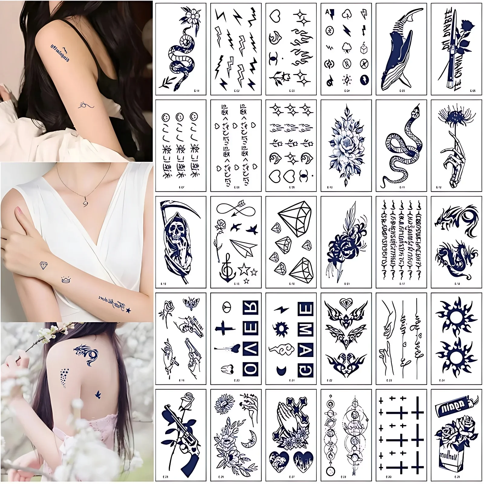 30pcs/set Herbal Juice Tattoos Temporary Waterproof Semi Permanent Snake Rose Totem Diamond for Women Men tatouage temporaire