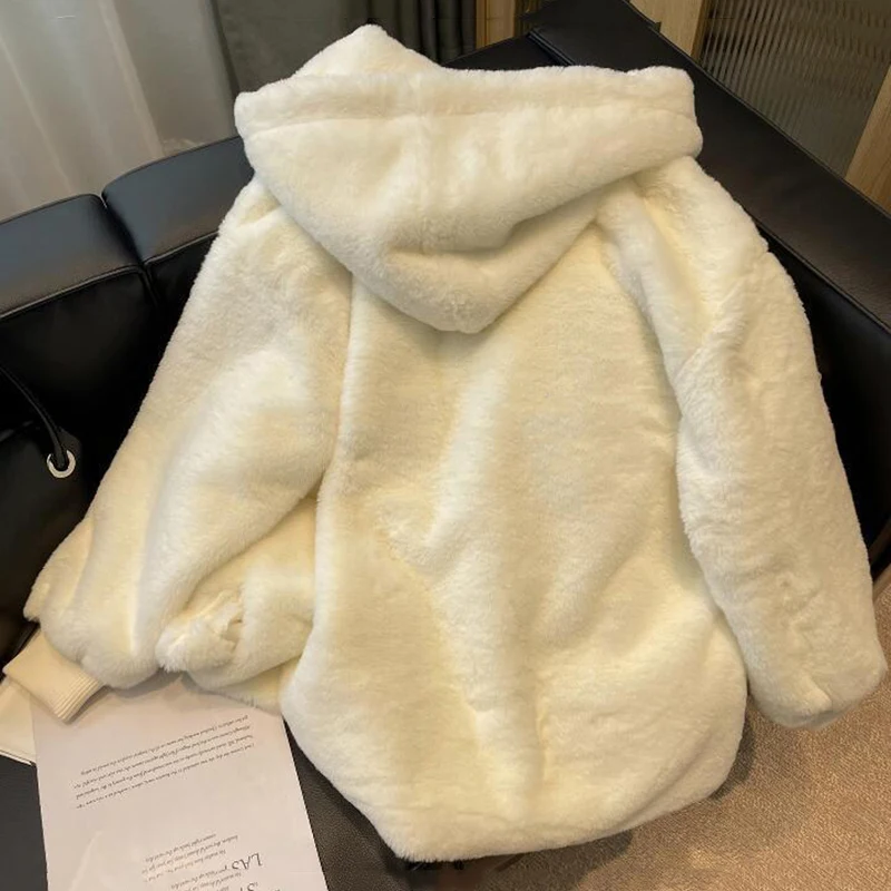 Winter Lamswol Kapmantel Vrouwen Ropa Mujer Leuke Witte Rits Jas Y2K Mode Dikke Warme All-Match Pluche bovenkleding Nieuwe