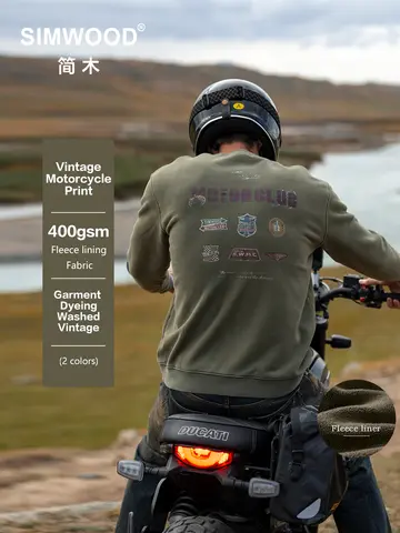 SIMWOOD 2025 Autumn Winter New Washed Vintage Motorcyle Style Print Sweatshirts Men 400gsm Warm Fleece Lining Fabric Pullovers