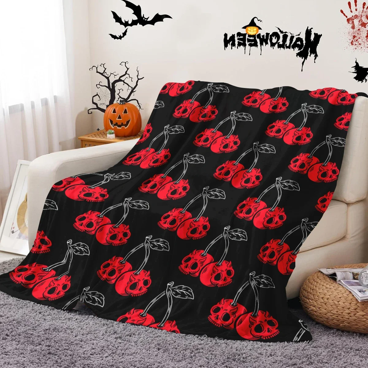 1 Stück Halloween-Totenkopf-Orchideen-Fleecedecke, Decke mit erschreckendem kirschförmigem Totenkopf-Aufdruck, warme, kleine Decke für Nickerchen