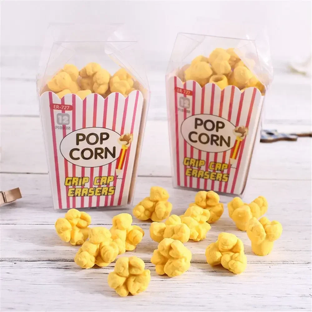 12pcs/set Creative Cute Popcorn Erasers Student Creative Stationery Pencil Rubbers Eraser Wipe Clean Kawaii Erasers