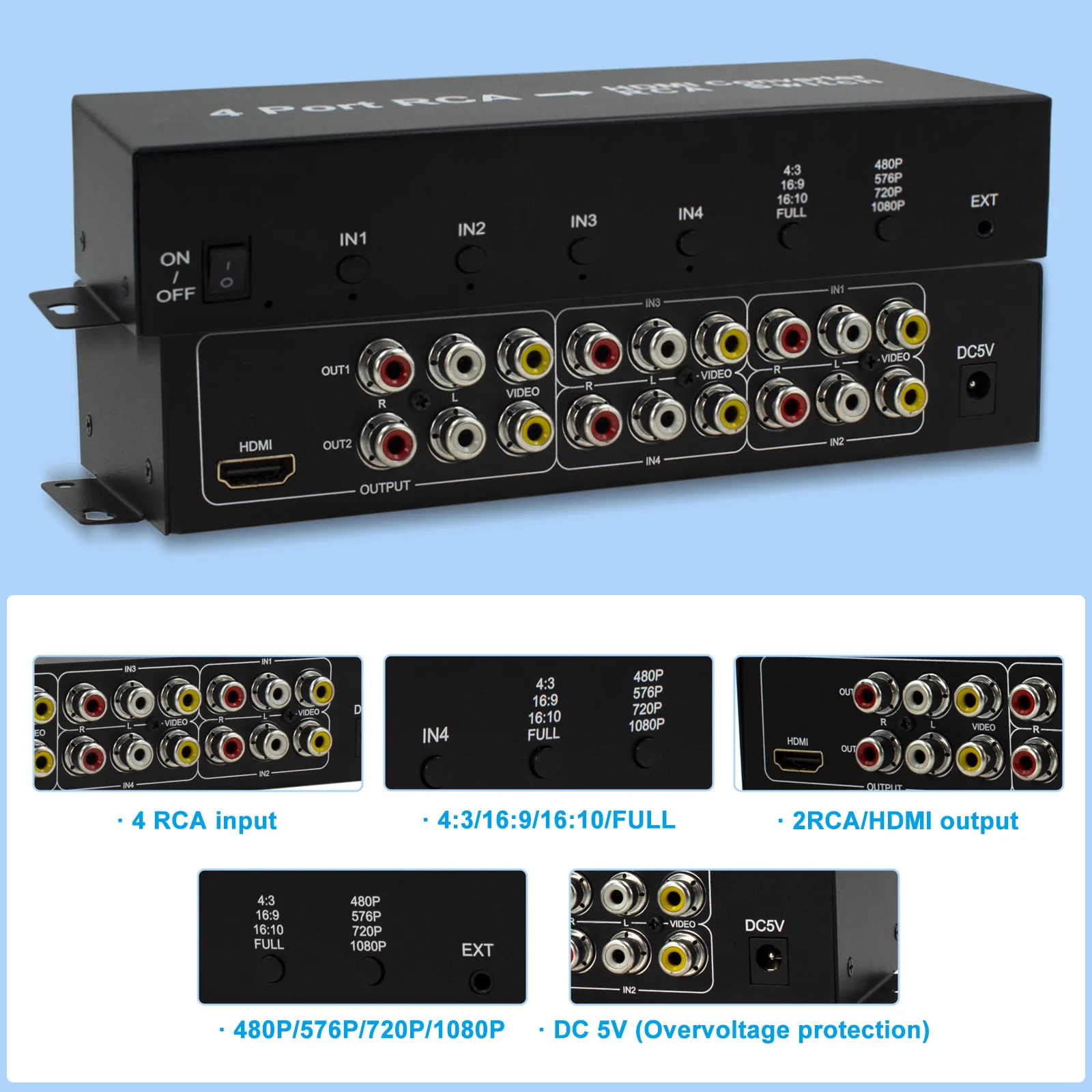 4-портовый преобразователь RCA в HDMI Переключатель RCA AV в HDMI 4AV В 1HDMI 2AV Выход AV в HDMI для DVD PS2 N64 SNES ТВ-проектор Монитор