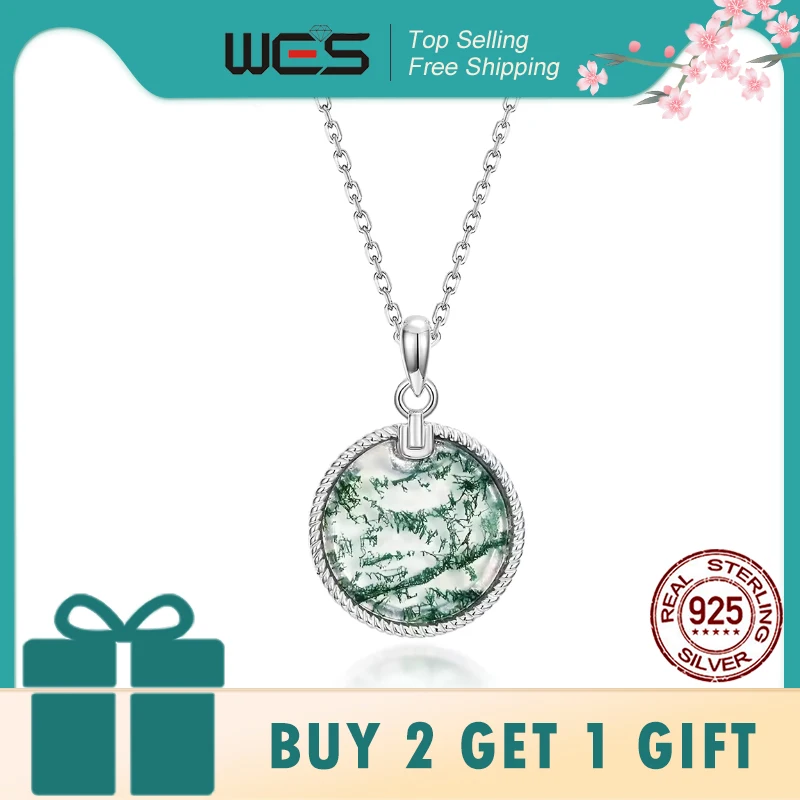 

WES Unique Moss Agate Round Pendant Necklace for Women 13*13mm Natural Gemstone 925 Sterling Silver Jewelry Wholesale Engagement