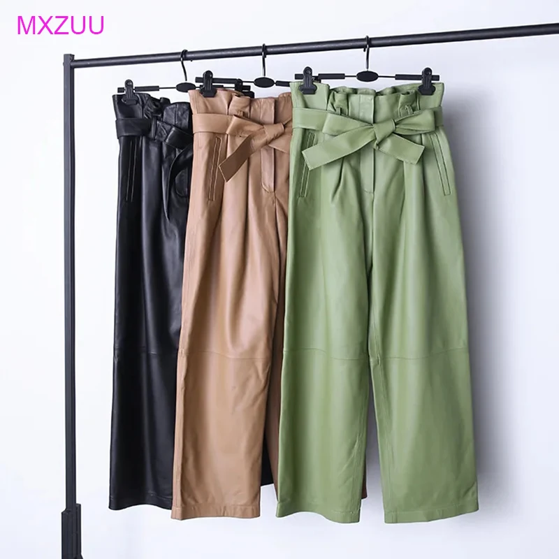 

Stylish Genuine Leather Pants Women Sheepskin Bow Tie Lace High Waist Trousers Mujer Khaki/Green Straight Wide Leg Pantalon