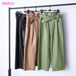 Stylish Genuine Leather Pants Women Sheepskin Bow Tie Lace High Waist Trousers Mujer Khaki/Green Straight Wide Leg Pantalon
