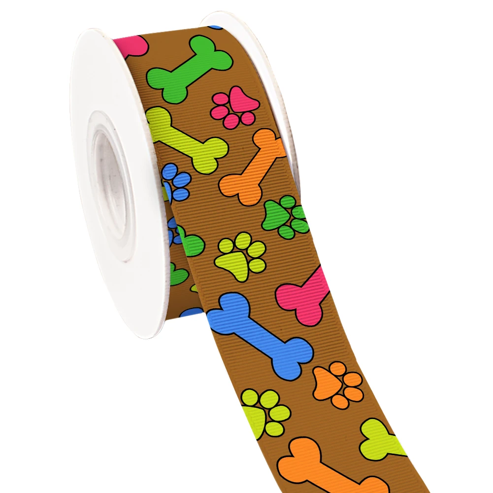 Schattige Cartoon Kleurrijke Hond Paw Bones Patroon Bedrukt Grosgrain Satijn Lint Voor Geschenkverpakking Haarstrik Ambachtelijke Accessoire 50 Meter