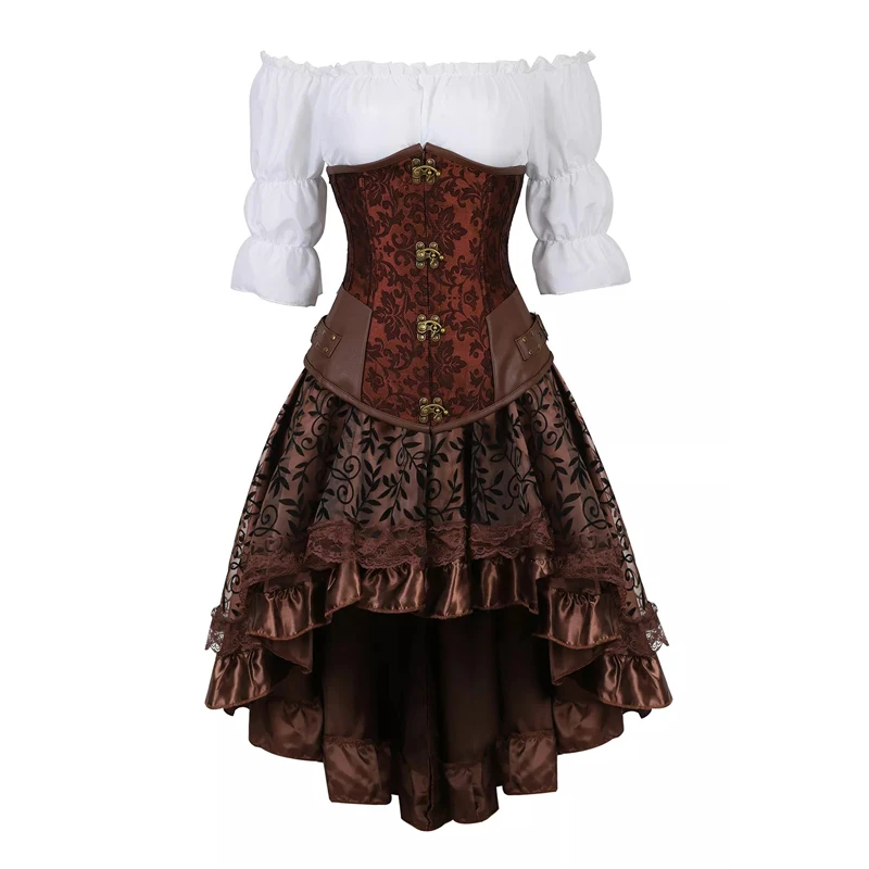 Steampunkowy gorset do sukienki Brązowy kostium pirata Spódnica damska Plus rozmiar Gotycki gorset pod biustem ze spódnicą Trzyczęściowy zestaw