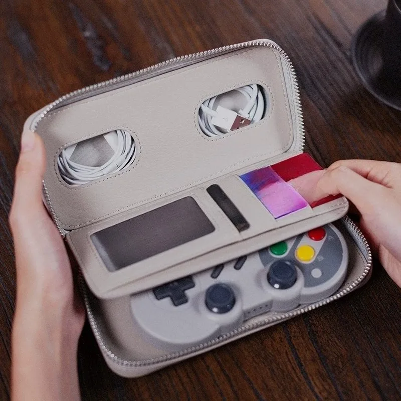 Retro Gaming Genuine Leather AB Bag Game Controller Earphone Cable Storage Wallet Card Holder
