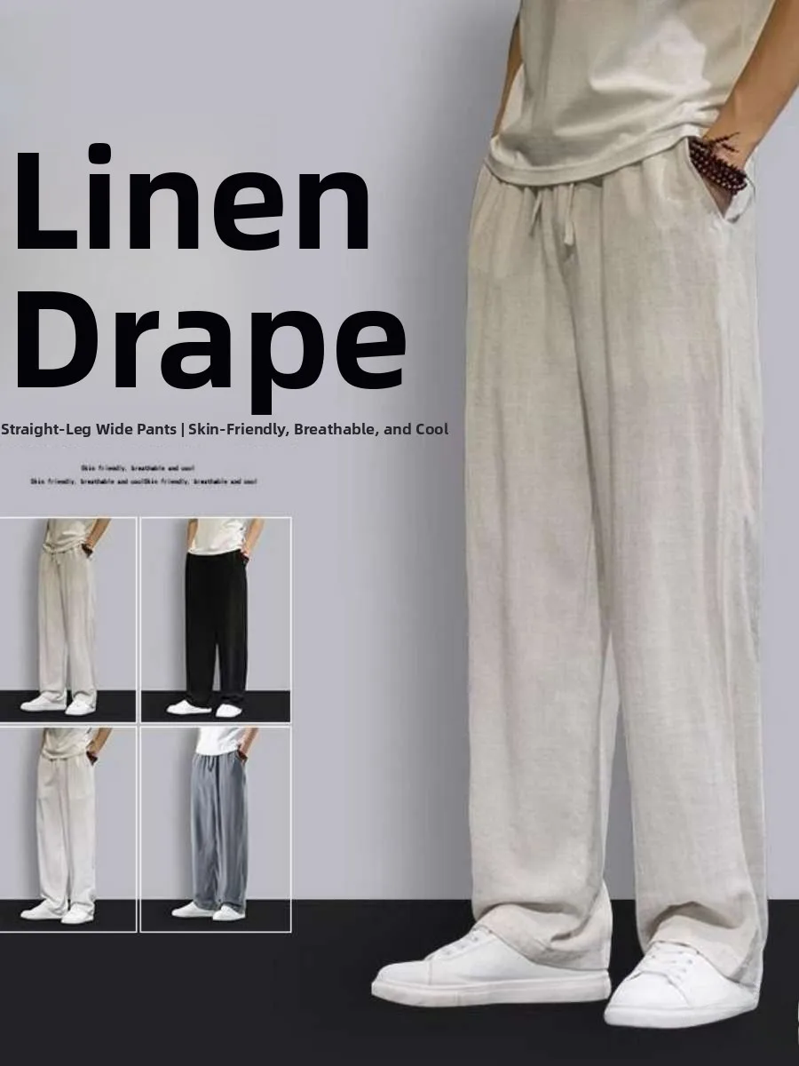 

New Men's Summer Thin Cotton Linen Wide Leg Pants Chinese Style Loose Straight Cut Trousers Comfortable Breathable Casual Shorts