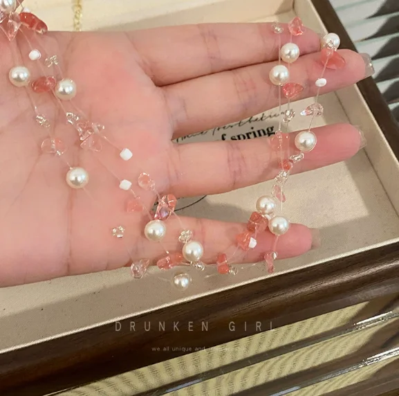 Summer Dopamine Pink Pearl Bead Necklace With Women's Fashion Sense, Collarbone Chain With Niche Design, Sweet Accessory