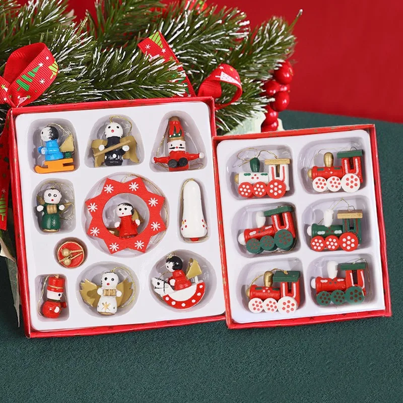 Christmas Wooden Train Head Set Christmas Tree Hanging Ornament New Year Children Gifts Toys Merry Christmas Party Decorations