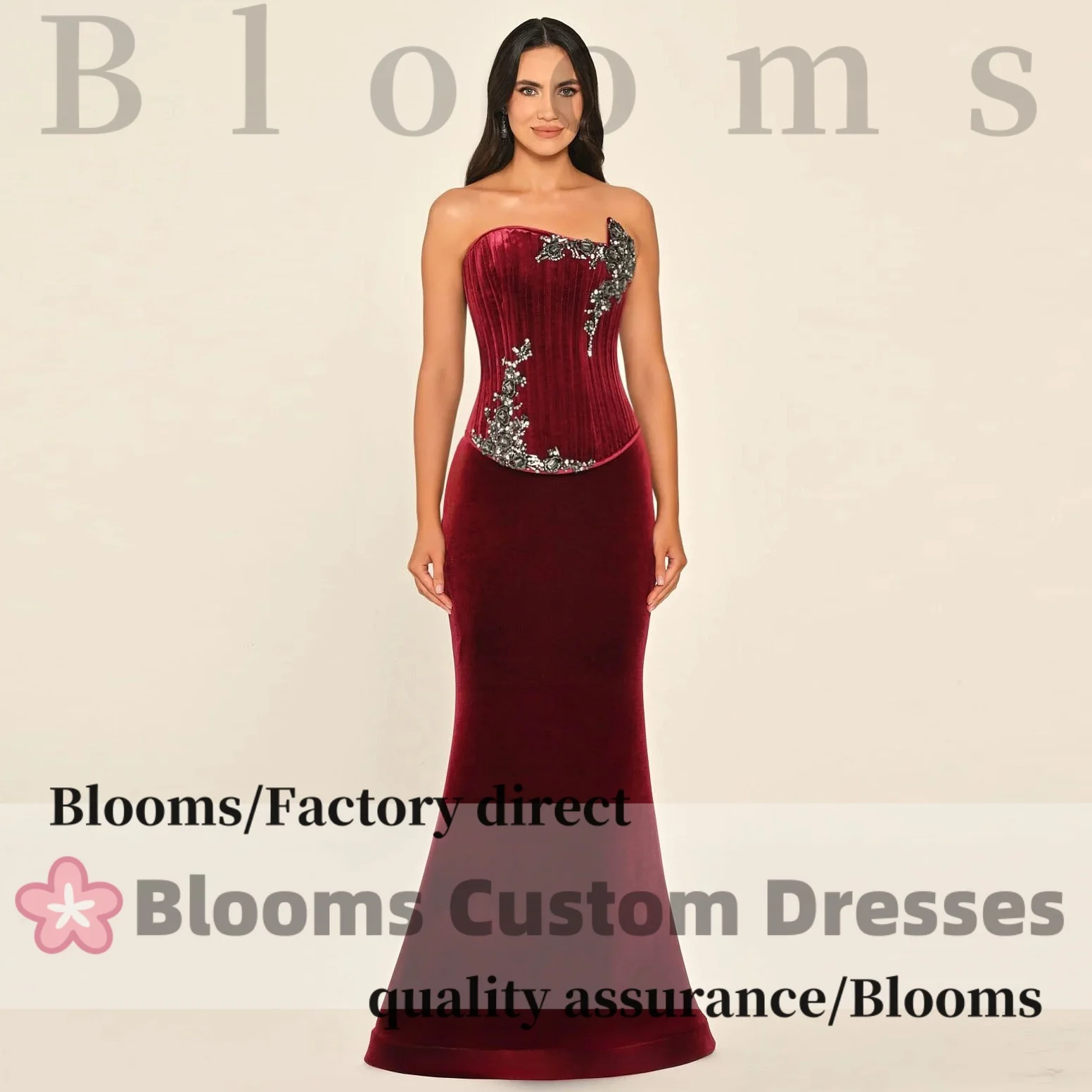

Customized Sleeveless Red Velvet Luxury Women Evening Dresses With Beads Crystal Mermaid Elegant Party Gown Prom Formal Dress
