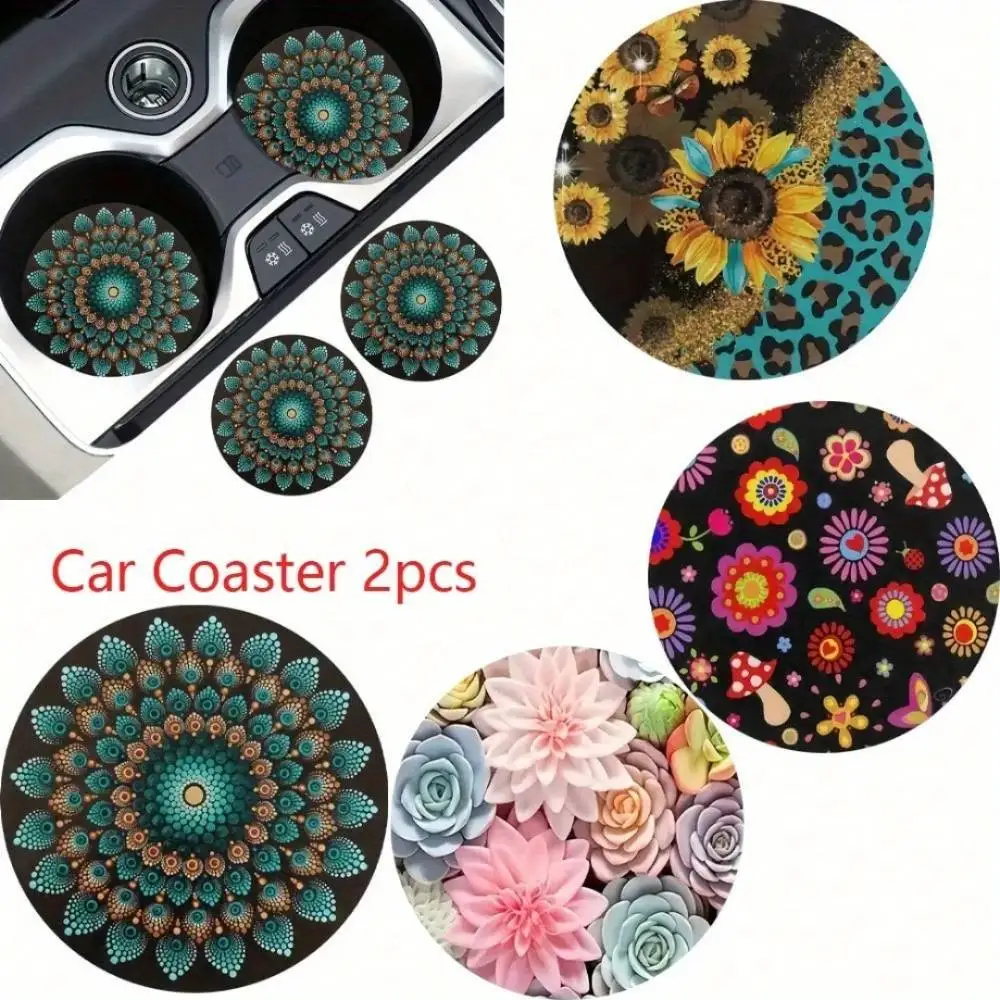 Sunflower Floral EVA Car Coasters 2pcs. Stylish Durable Non-slip Mats Vibrant Vehicle Beverage Accessories.
