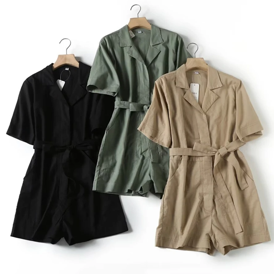 

Withered Fashion Pastoral Style Ladies Solid Playsuist With Belt Indie Folk Casual Short-Sleeved Jumpsuit Women