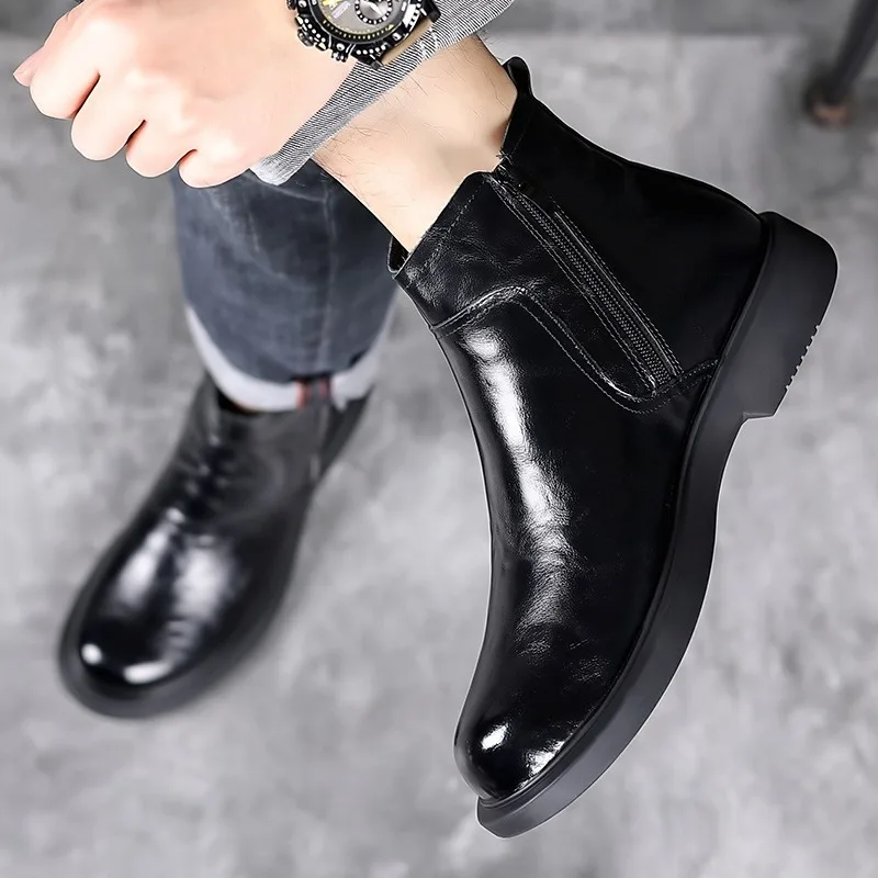 Fashion Men's Leather Ankle Boots for Men Autumn Winter Velvet Warm Men Chelsea High-top Boots Designer Casual Man's Dress Shoes - Image 6