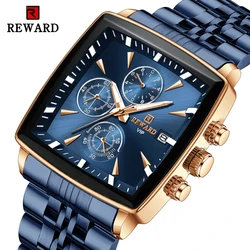 REWARD Men's Fashion Quartz Watches Rose Gold Blue Rectangle Wristwatches Luminous Hands Classic Business Watches Clock Male
