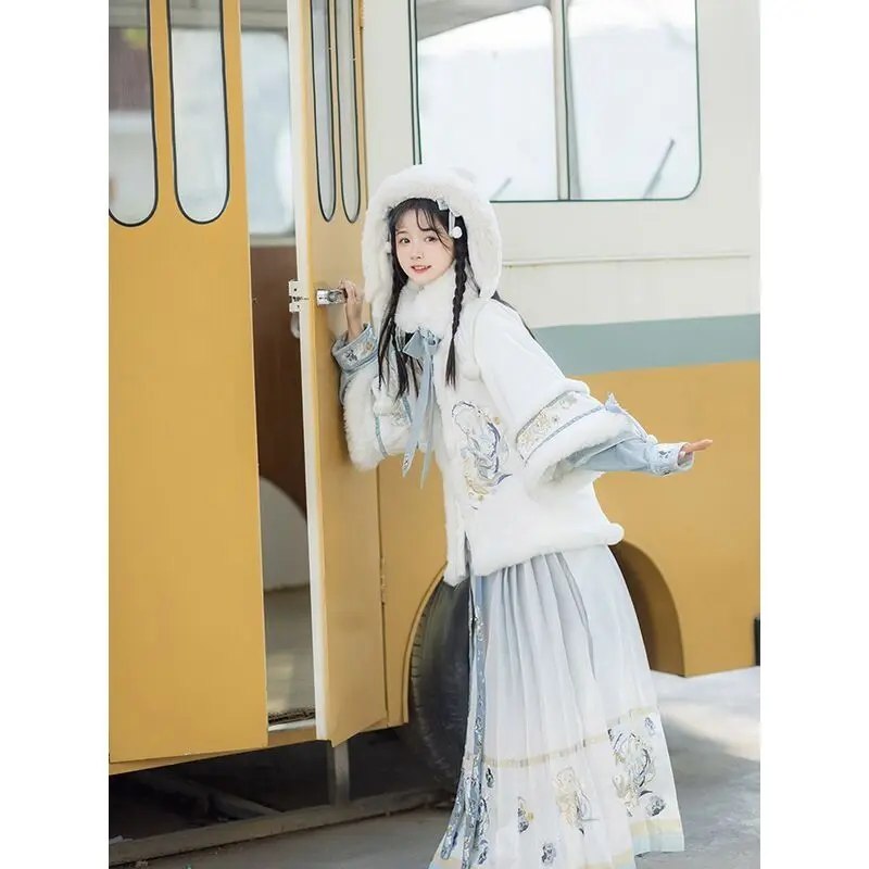 Capa hanfu estilo longo feminino com veludo e grosso casaco quente estilo chinês com capuz cabo antigo vestido de outono e inverno