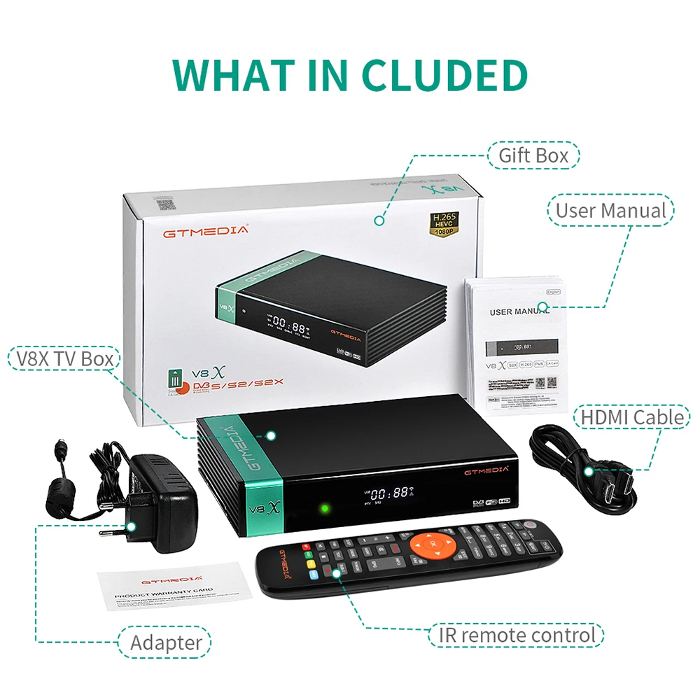 جهاز استقبال الأقمار الصناعية GTMEDIA V8X HD 1080P DVB-S/S2/S2X مدمج lacam H.265 يدعم SAT إلى Gtplayer CA أجهزة استقبال التلفزيون
