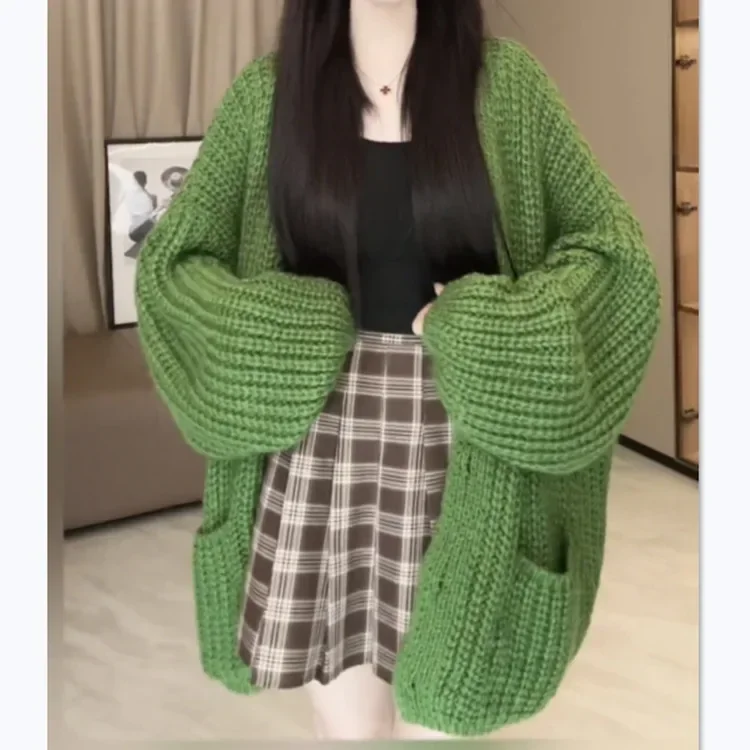 Green Y2k Kintted Sweater Women Cardigan V-Neck Crochet Loose Top E-girl Pullovers Spring Autumn Winter Jumper Sueter Jumpers