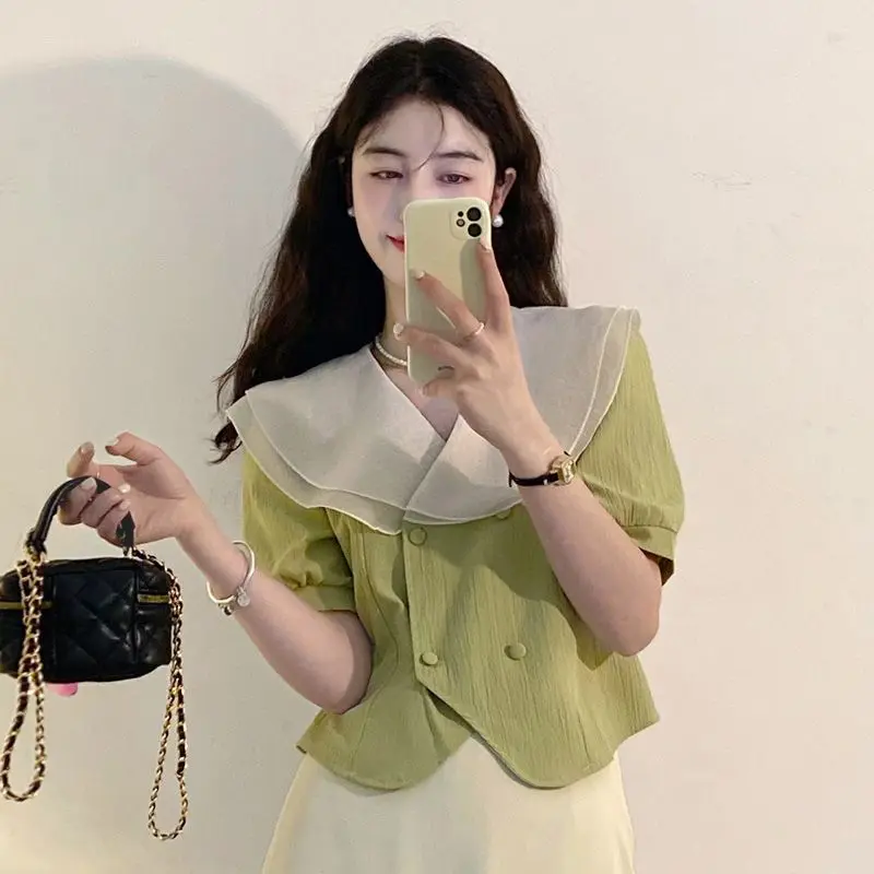 Kimotimo Women Design Sense Short Sleeve Shirt 2026 Summer New Korean Style Gentle Style Ruffle Short Fresh Style Top