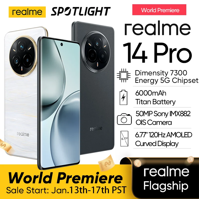 [World Premiere] realme 14 Pro 5G Smartphone Dimensity 7300 Chipset 6000mAh Battery 50MP Sony OIS Camera 120Hz Curved Display