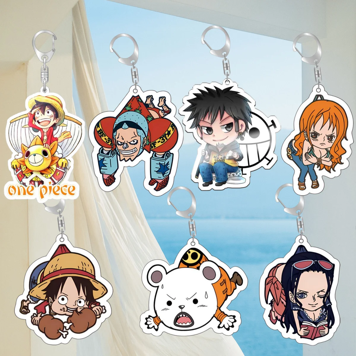Llavero de acrílico de One Piece: Monkey D. Luffy, Franky, Trafalgar Law, Bepo, Nico Robin - Colgante de acrílico con hebilla, accesorio de anime