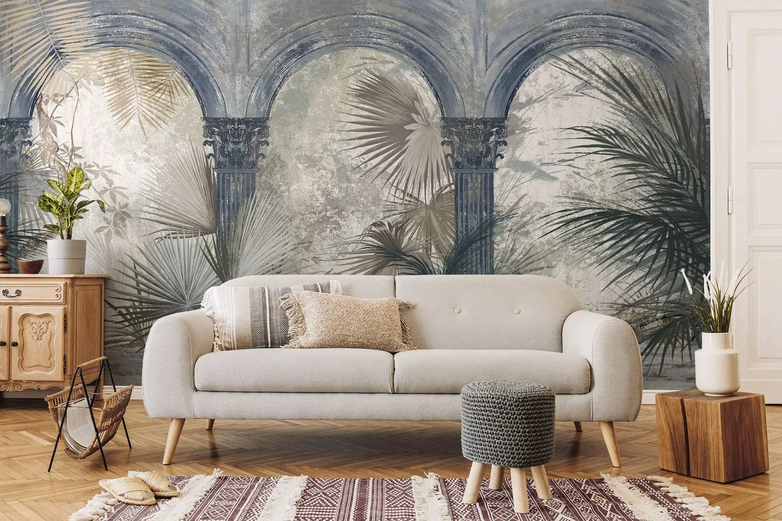 خلفية النباتات الاستوائية الغريبة ، أعمدة القوس التاريخية العتيقة العتيقة جدار جدارية ، التقليد الاستوائي التجريدي غير المنسوجة ورقة #6