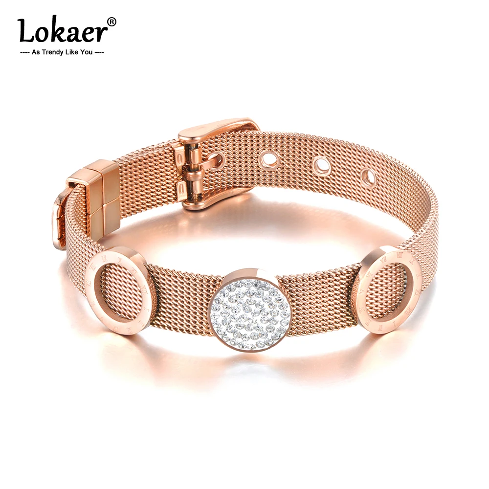 Lokaer Original CZ Crystal Round Disc Charm Bracelets Jewelry For Women Titanium Stainless Steel Adjustable Bracelet B19096