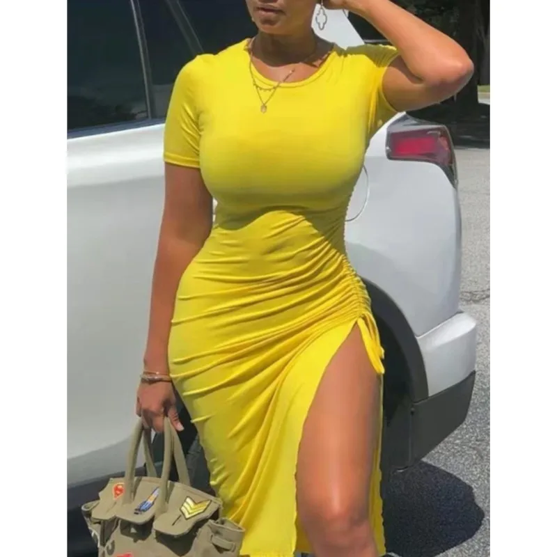 

Women Printed Slim Midi Dresses Fashion Package Hip Bodycon Short Sleeves Drawstring Slit Dress Casual Lady Streetwear Vestidos