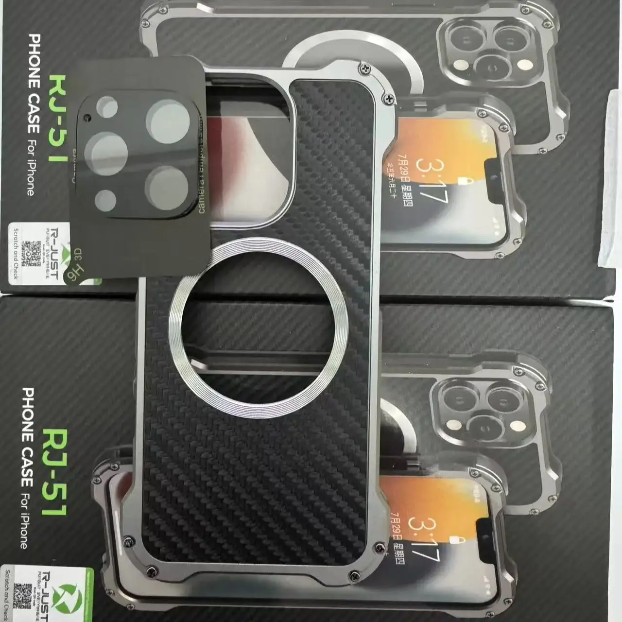 

R-just Compatible Magsafe For Iphone 15 14 13 12 Pro Max Case Carbon Fiber Lens Protection Phone Cover Slim Metal Bumper Fundas