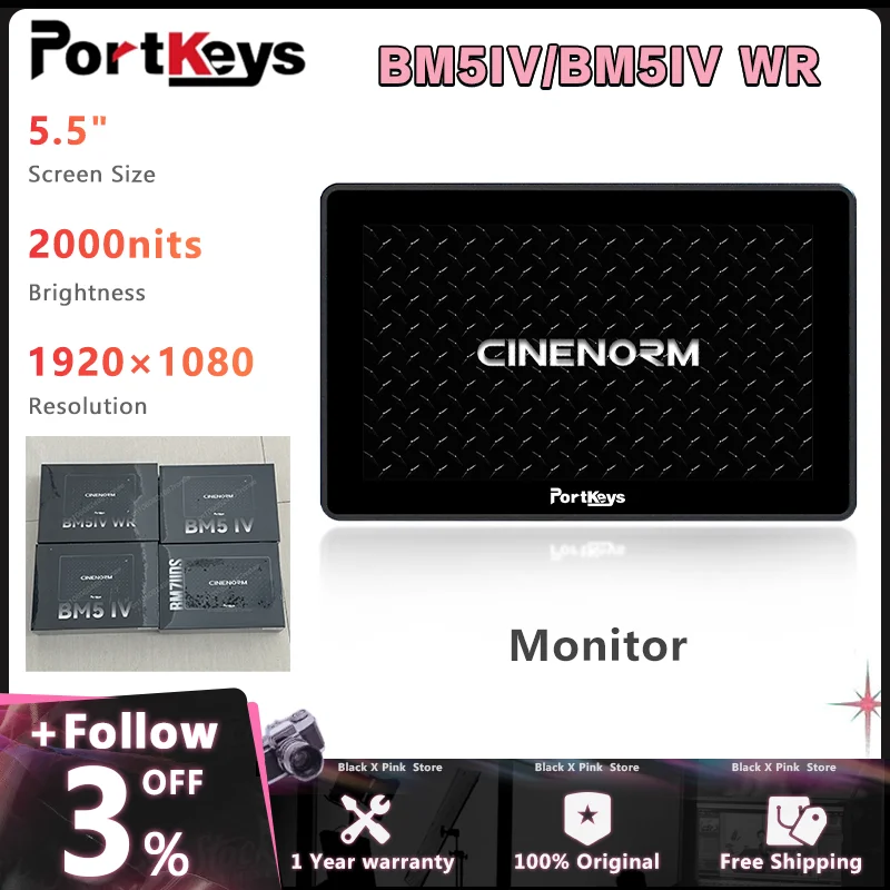 Portkeys BM5IV BM5IV WR 5.5” 2000nits 4K 60P HDMI-compatible 3G-SDI Wide Color Gamut Camera Control Monitor Built-in CINENORM OS