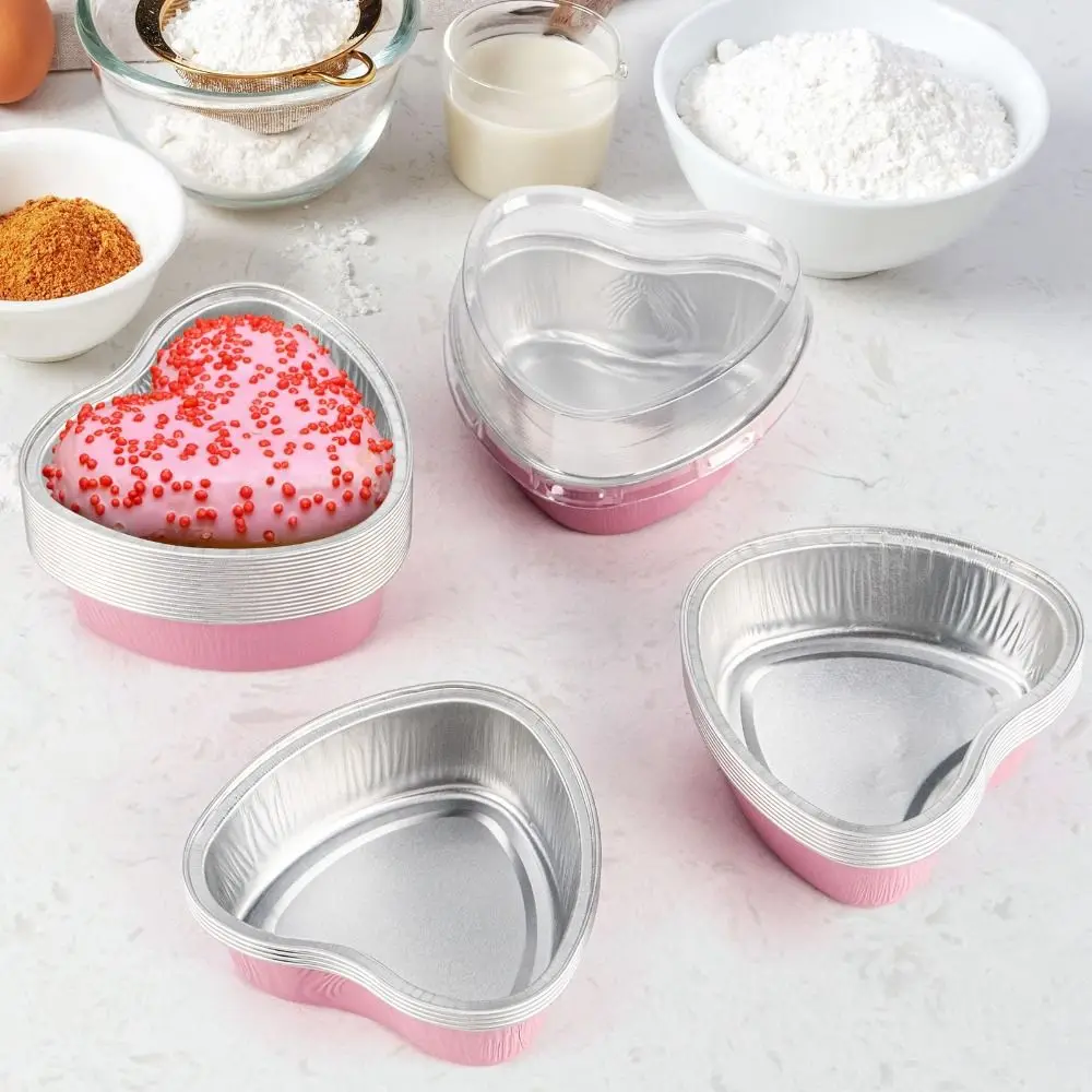 50 Pack With Lids Heart Shaped Cake Pans Aluminum Material Small Size Disposable Cupcake Pans Baking Cup Cake Mold Birthdays