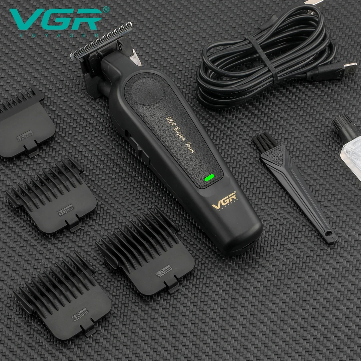طقم ماكينة قص الشعر الراقية VGR V-197&995 مكون من قطعتين، جسم جلد معدني، مقص دفع كهربائي، شاشة رقمية LED، كارفين برأس زيت