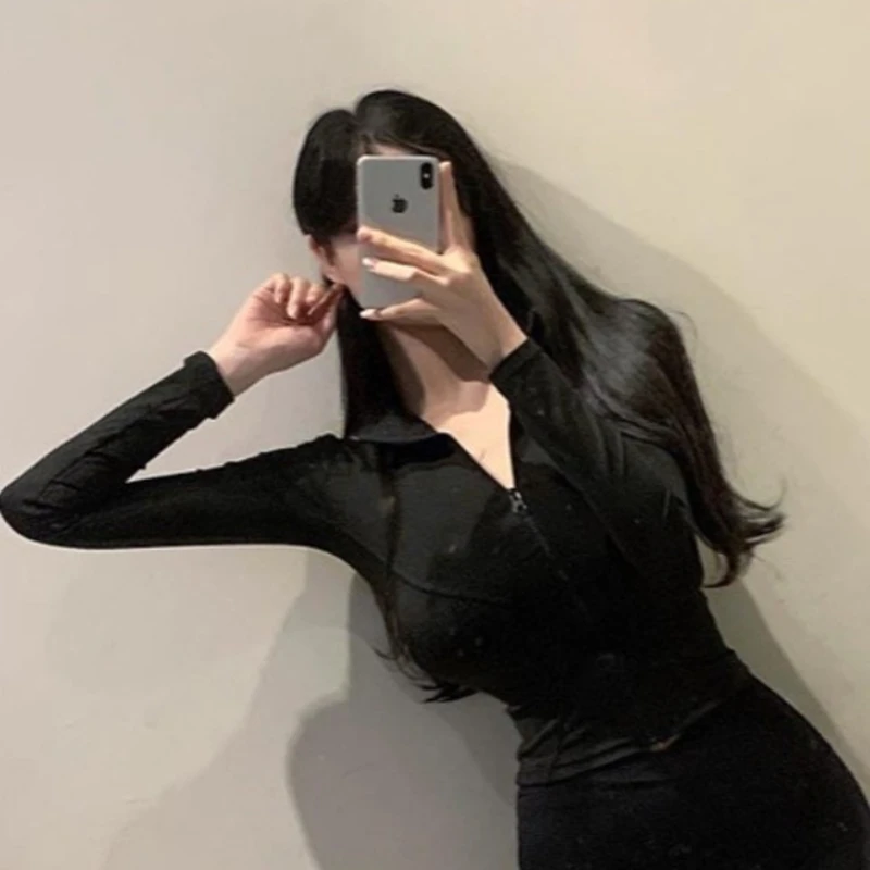 Dongda Gate Yoga Jaet 슬림핏 지퍼 스탠드 칼라 얇은 아우터 T-irt 타이트 바디 a Faionable Korean Sle Women...