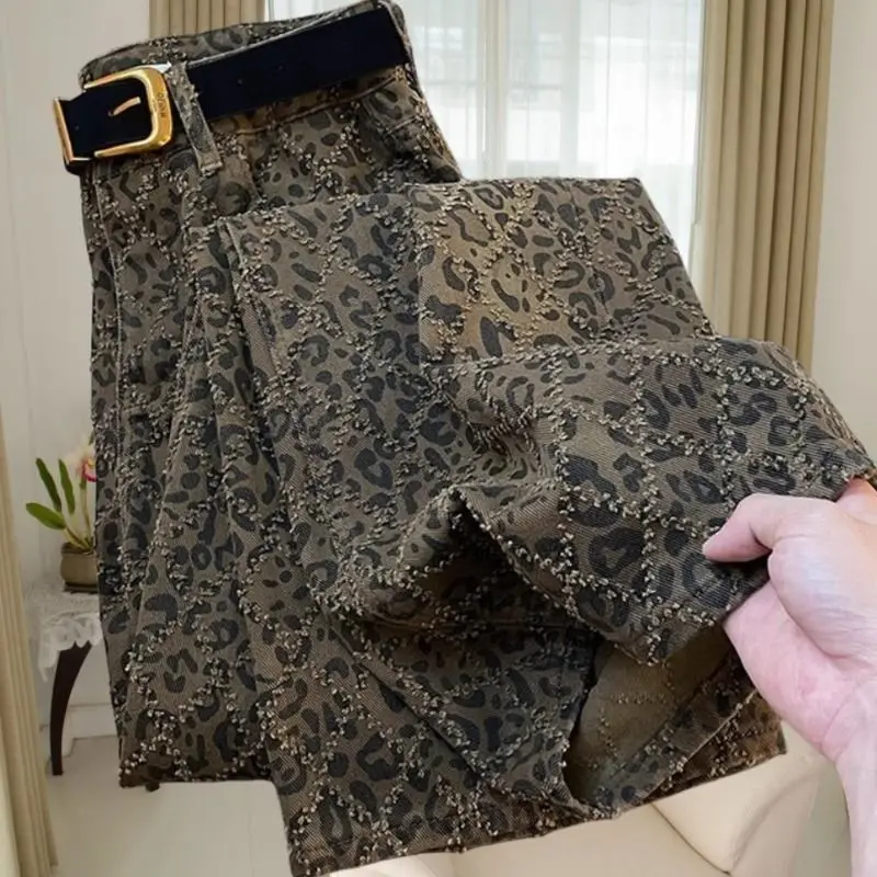 

Women's street-feeling leopard print jeans autumn American high street fashion high waist loose and thin straight wide-leg pants