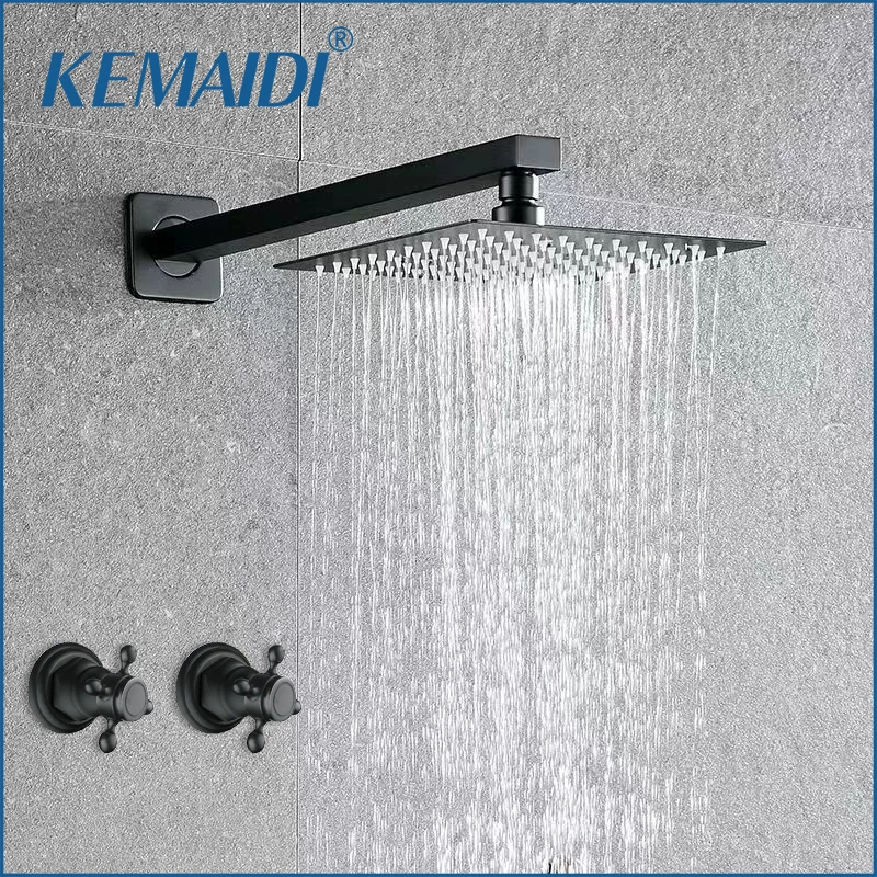 

KEMAIDI Shower Faucet Set Shower Trim Kit Rainfall Shower System with Shower Arm 2 Cross Handles Wall Mounted Mixer Tap Black