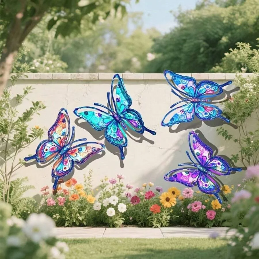 4pcs Colorful metal butterfly statue wall decor, suitable for gardens, courtyards, and outdoor fence wall art decoration