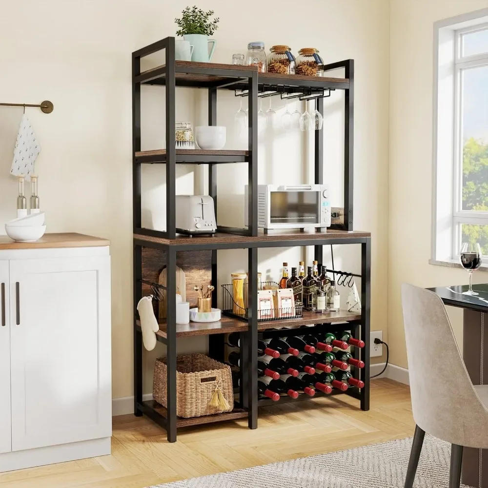 Kitchen Microwave Bakers Stand Wine Rack, Coffee Bar Storage for Liquor Glasses Power Outlet, Wine Rack Freestanding